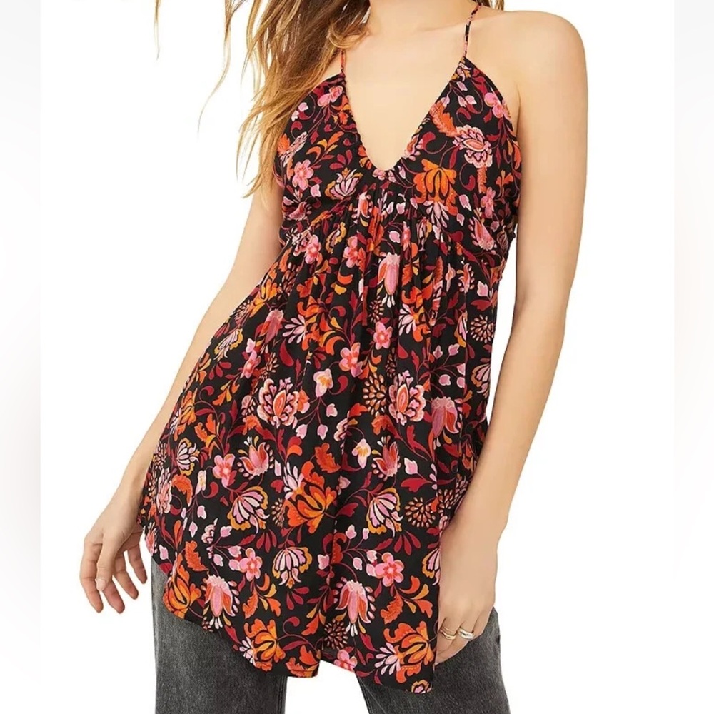 Free People Pixie Cross Back Floral Flowy Tunic Top Mini Dress‎ Size XL Black